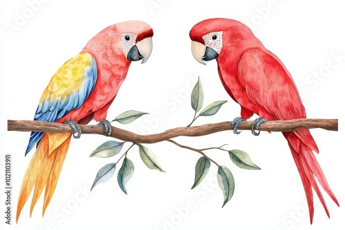 Exotic watercolor birds in rich colors, perfect for jungle-inspired artwork, tropical fashion prints, or wildlife conservation themes photo