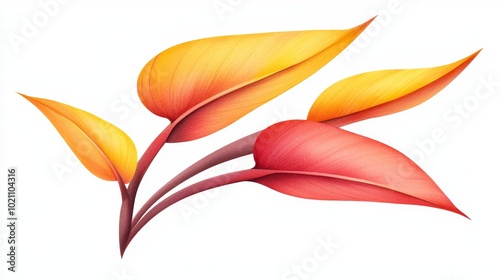 Exotic heliconia flowers in vivid yellow and red tones, watercolor painting, perfect for tropical-themed prints and nature-inspired packaging