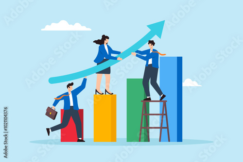 Flat illustration of business people team help build growth graph chart representing teamwork for business growth
