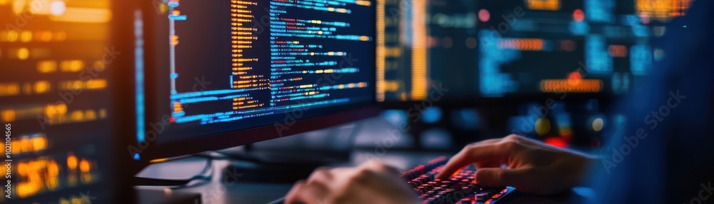 Coding on dual monitors, technology workspace Coding on dual monitors, technology workspace