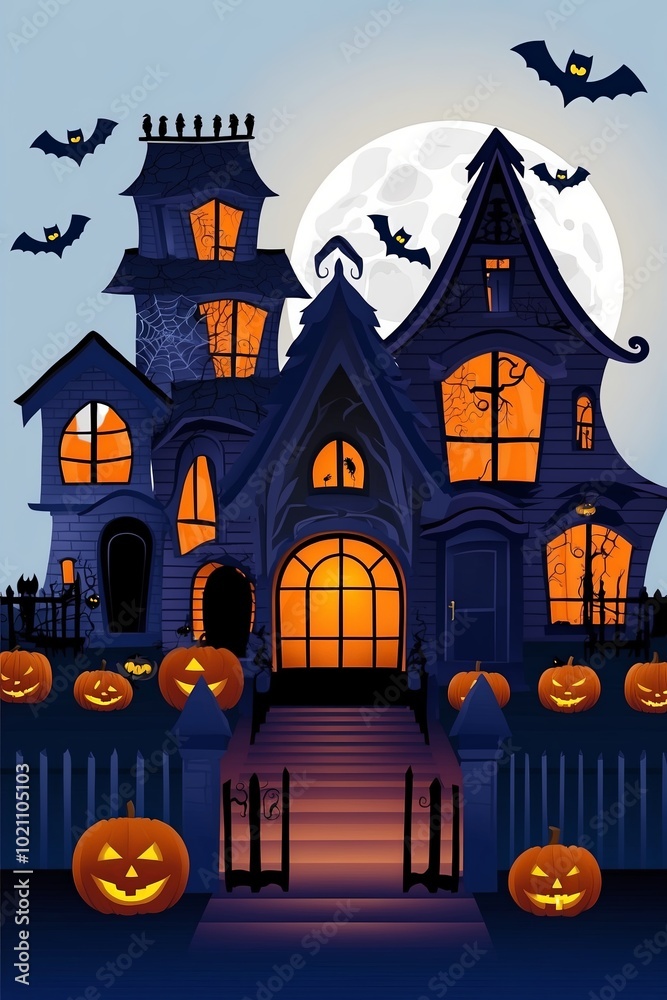 Scary halloween background with haunted house and full moon. Halloween concept with Haunted House. Halloween Night with a spooky house and bats. Scary halloween background with haunted house and full moon. Halloween concept with Haunted House. Halloween Night with a spooky house and bats.