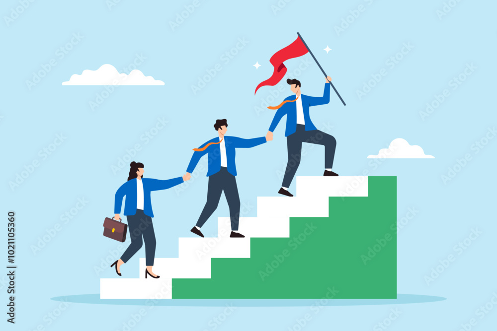 Flat illustration of business people team up and hold hands to help each other climb staircase to success Flat illustration of business people team up and hold hands to help each other climb staircase to success