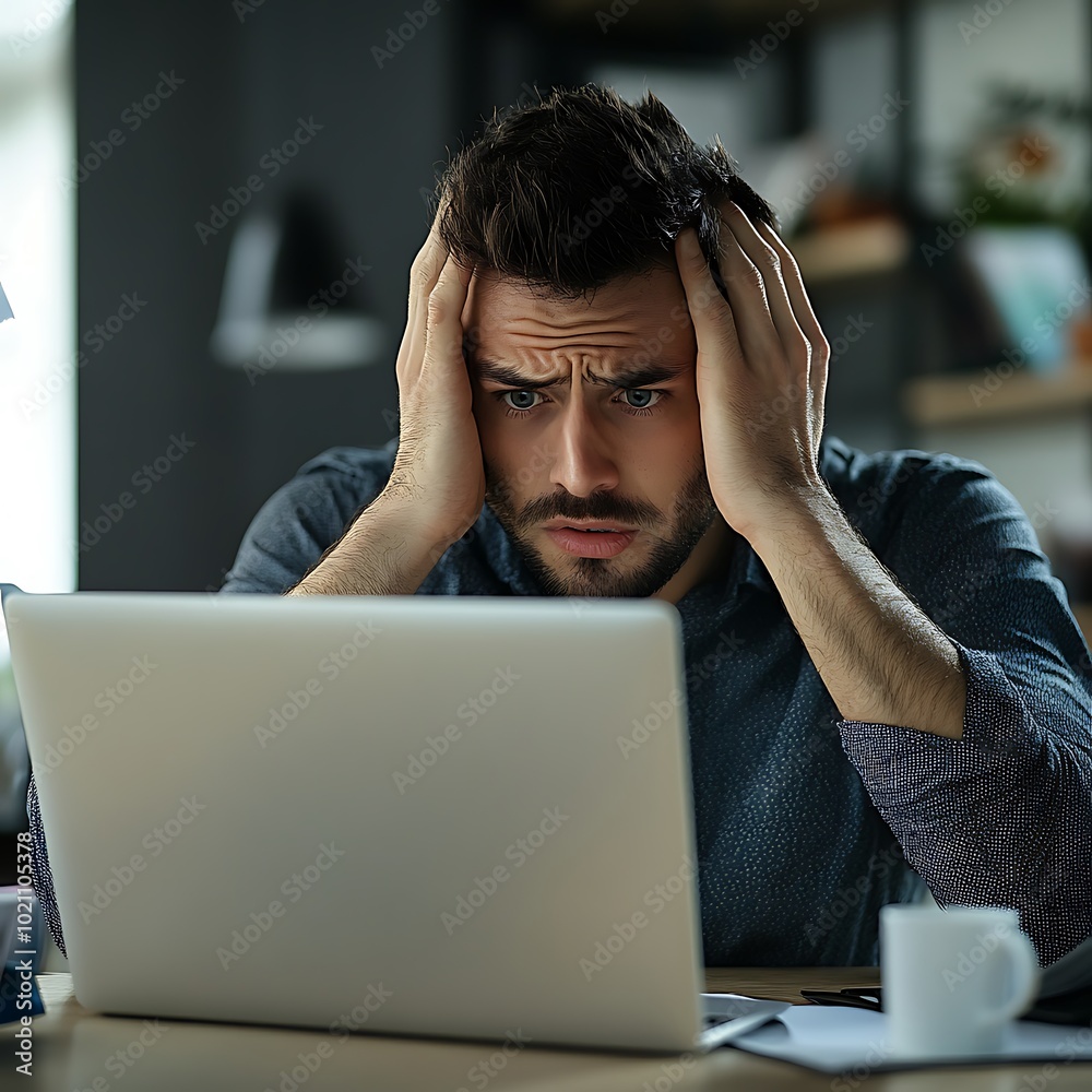A stressed man sits at a desk, holding his head in frustration while looking at a laptop screen. A stressed man sits at a desk, holding his head in frustration while looking at a laptop screen.