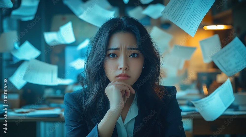 Stressed woman surrounded by flying papers, contemplative expression. Stressed woman surrounded by flying papers, contemplative expression.