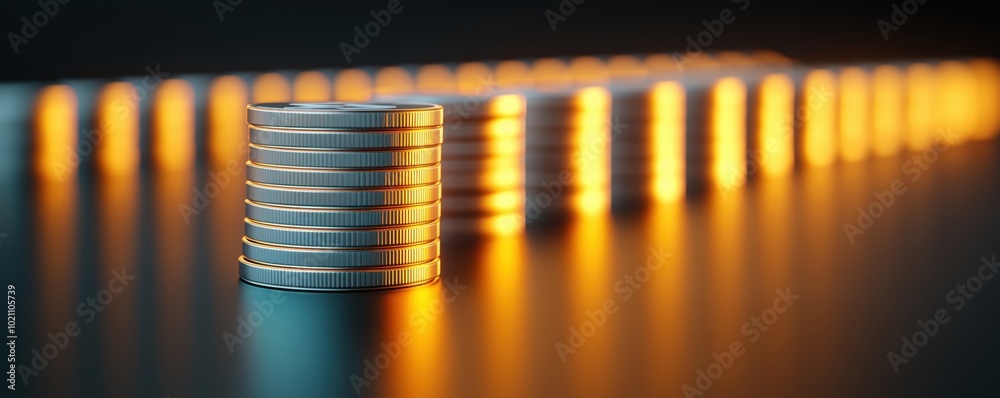 Stacks of coins with a warm glow on a dark background, symbolizing wealth and finance.