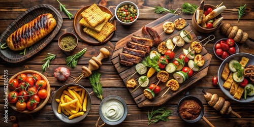 A Tabletop Still Life Featuring Various Grilled and Fried Appetizers, Accompanied by Fresh Herbs and Vegetables, Arranged on a Wooden Surface