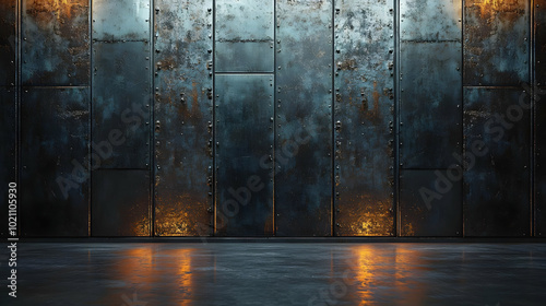 Dark Industrial Metal Wall with Light Reflections 3D Render