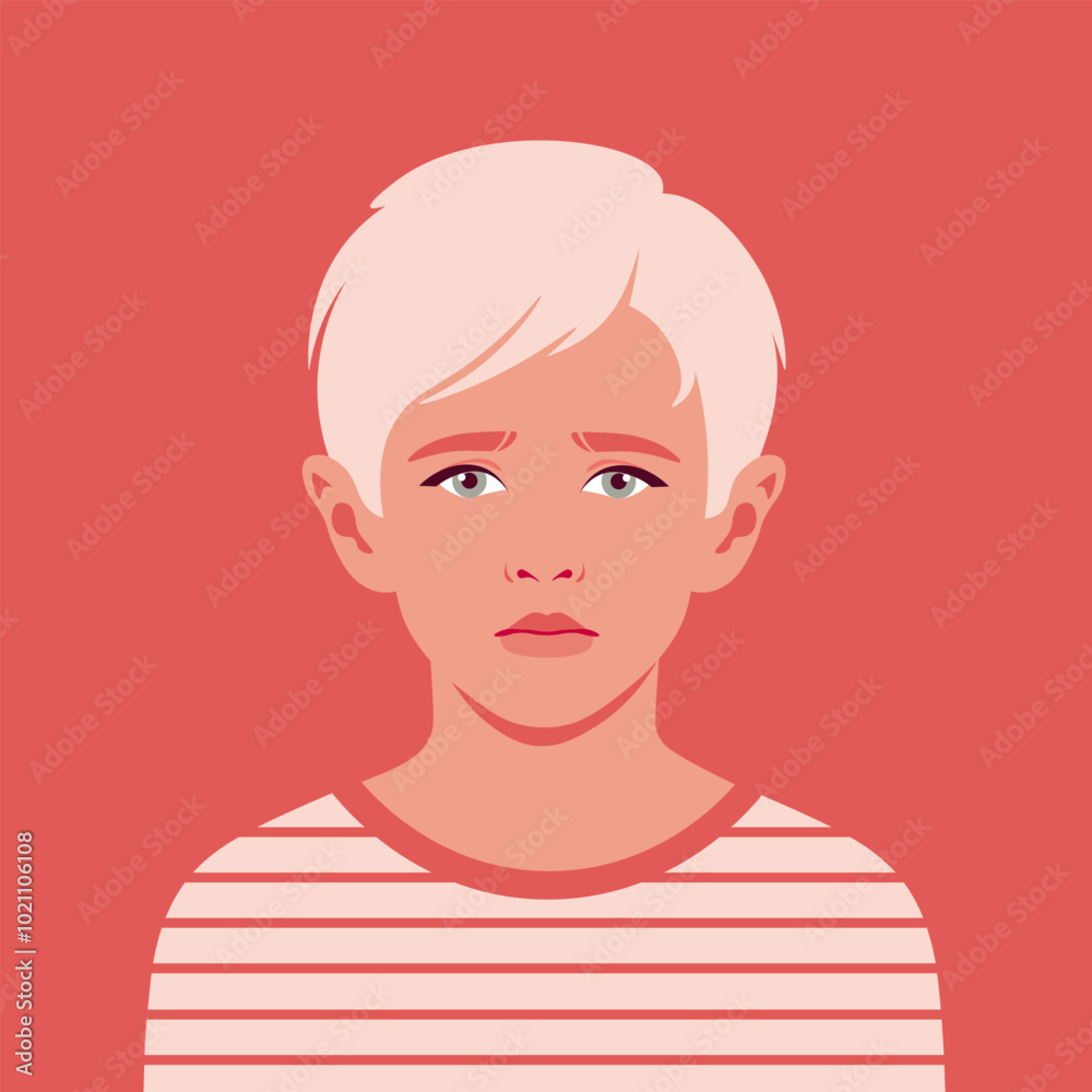 Portrait of a sad blond boy. A face of a child. School bullying. A lonely orphan. Mental health of children. Vector flat illustration Portrait of a sad blond boy. A face of a child. School bullying. A lonely orphan. Mental health of children. Vector flat illustration