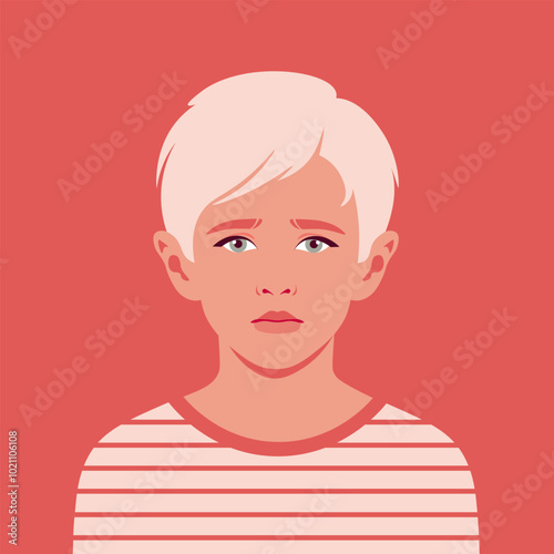Portrait of a sad blond boy. A face of a child. School bullying. A lonely  orphan. Mental health of children. Vector flat illustration