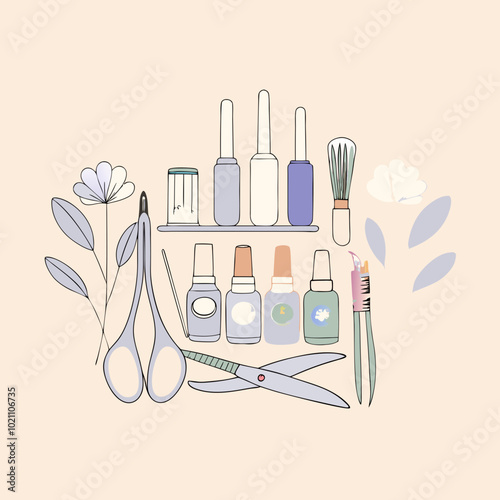 Beauty Products with Floral Elements, Delicate Minimalist Illustration