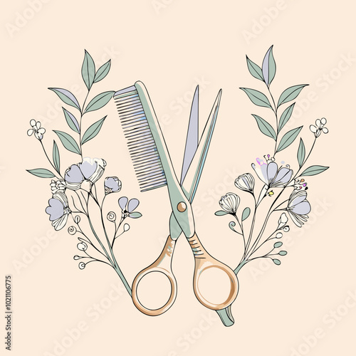 Vintage Haircut Scissors and Comb with Floral Design, Minimalist Pastel Art