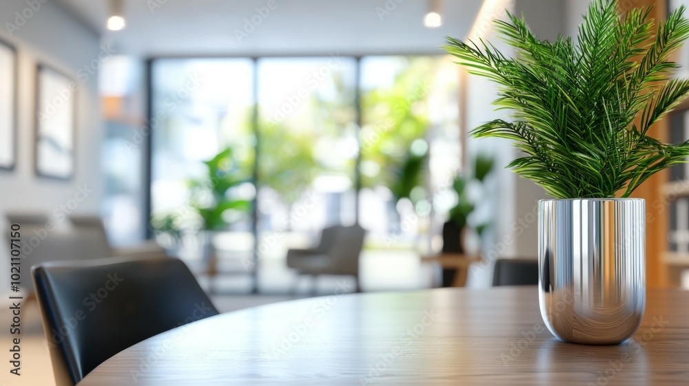 A potted plant sits on a table in a room with a view of the outside A potted plant sits on a table in a room with a view of the outside