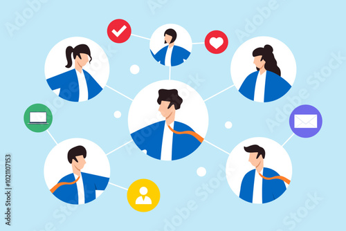 Flat illustration of colleagues communicate internally networking within company for success