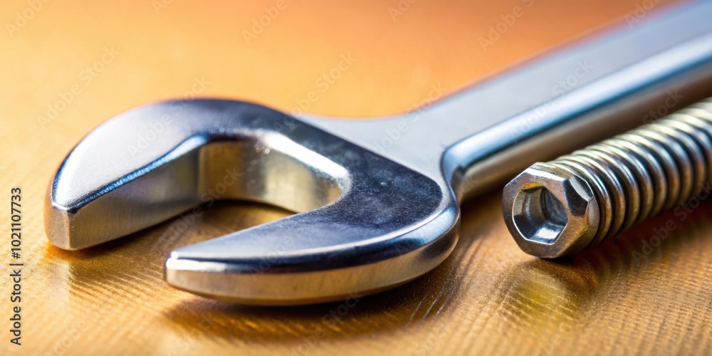 A Close-Up Shot of a Shiny Wrench with a Hexagon-Shaped Nut and a Spring-Loaded Mechanism A Close-Up Shot of a Shiny Wrench with a Hexagon-Shaped Nut and a Spring-Loaded Mechanism