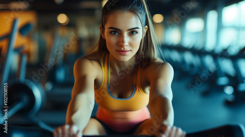 Close up of strong muscular woman pushing fitness equipment exercising in gym, fit woman exercising, health