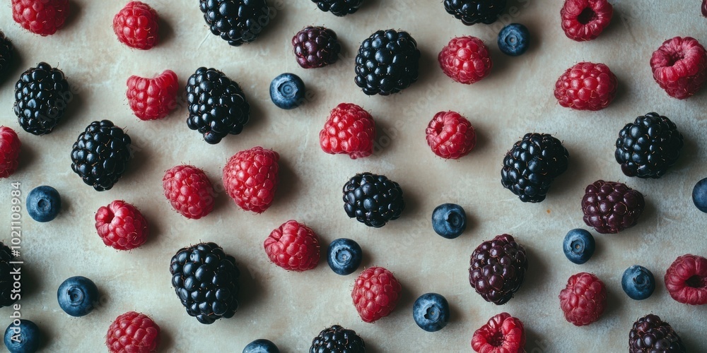 Assorted fresh berries scattered on a light surface, showcasing vibrant reds, blues, and blacks. Assorted fresh berries scattered on a light surface, showcasing vibrant reds, blues, and blacks.
