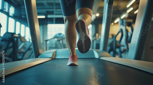 Close up, low angle view of body legs of fitness woman running on treadmill or running machine in fitness gym, health and fitness activity concept, strength training