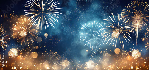 Golden fireworks with bokeh in midnight sky
