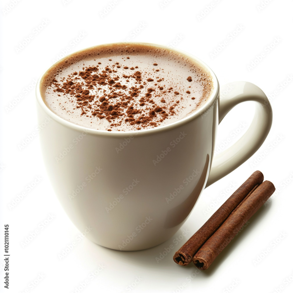 A cup of hot chocolate with cream and cinnamon on a white background. A cup of hot chocolate with cream and cinnamon on a white background.