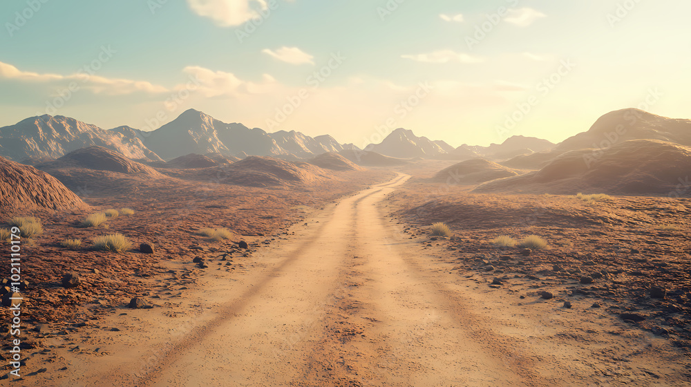 Naklejka premium Ai generated illustration of an animated dirt road between desert mountains. Rocky Mountain Trail. Illustration