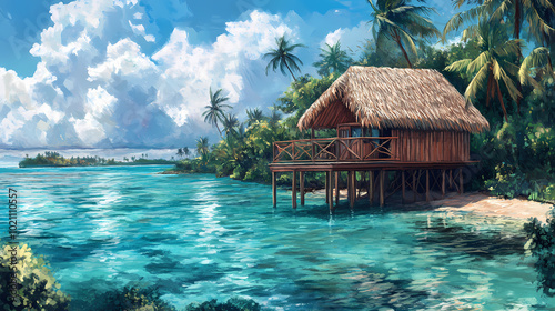 A retreat on tahitian island, features thatched-roof bungalow on stilts above a crystal-clear lagoon. Crystal-Clear Lagoon. Illustration