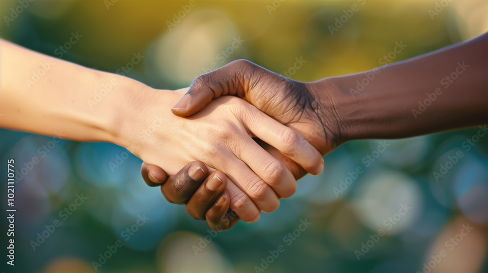 Diverse Handshake Symbolizing Agreement, Deal, Partnership, and Friendship Between Black and White Individuals, Emphasizing Multiracial Unity and Cooperation. Diverse Handshake Symbolizing Agreement, Deal, Partnership, and Friendship Between Black and White Individuals, Emphasizing Multiracial Unity and Cooperation.