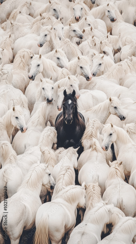 Fototapeta premium Black Horse in a Sea of White: A solitary black horse stands out amidst a vast herd of white horses, evoking a sense of individuality, resilience, and the beauty of contrast.