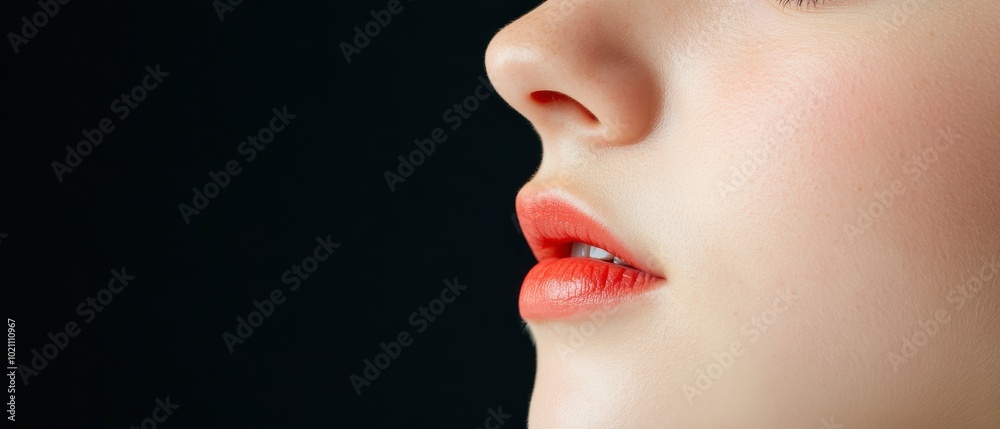 Side profile portrait, soft light, red lips, serene expression, minimalistic background, gentle beauty, elegant simplicity Side profile portrait, soft light, red lips, serene expression, minimalistic background, gentle beauty, elegant simplicity