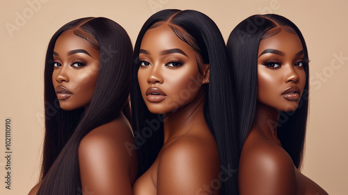 Portrait of Three Black Women with Long, Wavy Straightened Black Hair, Nude Makeup, Lashes Extension in Beige Studio, Glamourous and Sensual African American Females.	