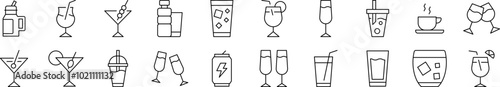 Collection of Outline Signs of Alcoholic Drink, Energy Drink, Soft Drinks Drawn with Thin Line for apps, web sites, banners, infographics and other types of design