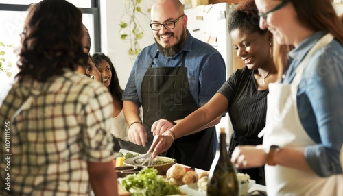 A skilled chef leads a culinary workshop for enthusiastic participants in a vibrant setting