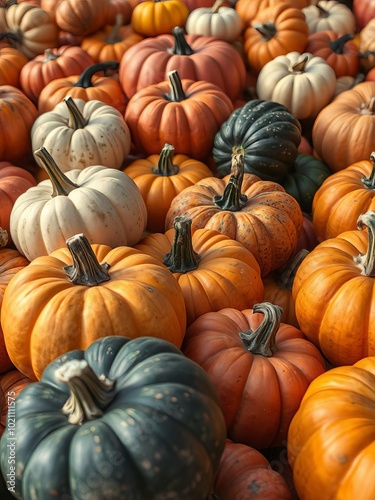 Colorful pumpkins and squashes collection autumn background halloween backdrop