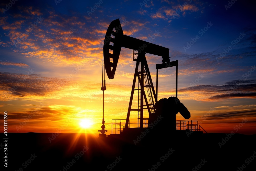 Oil Pump Sunset, silhouetted rig against vibrant orange and blue sky, capturing industry and natural beauty. Oil Pump Sunset, silhouetted rig against vibrant orange and blue sky, capturing industry and natural beauty.