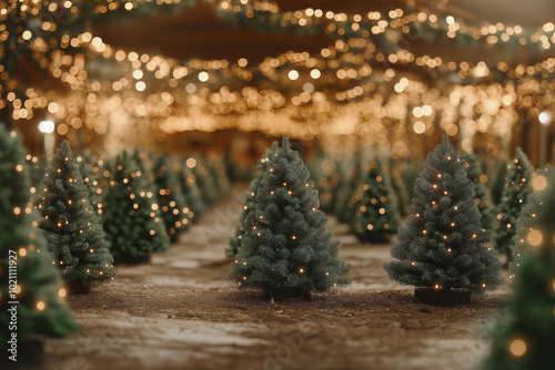 Christmas tree farm with many small pines under garlands. Preparing for the New Year. Advertising banner. photo