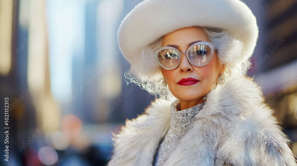 Eccentric Senior Woman Presents Elegant Winter Fashion, Standing on a City Street in a White Silver Faux Coat, Hat and Large Glasses. Eccentric Senior Woman Presents Elegant Winter Fashion, Standing on a City Street in a White Silver Faux Coat, Hat and Large Glasses.