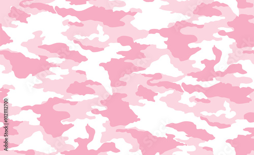 Seamless pink and white camouflage pattern. Army camo masking design. Military clothing style background.