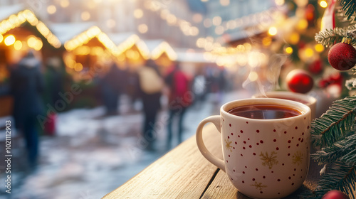 Hot Mulled Wine, Two Gluhwein in a Mug on a Christmas Market Outdoors, Warm Winter Beverage, Punch, Tea for Christmas Season. photo