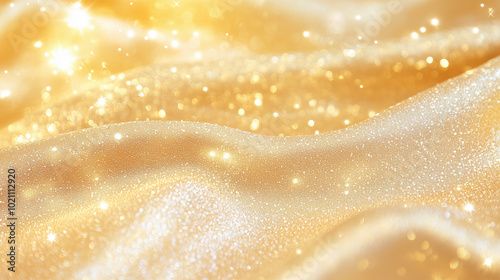 Luxurious Gold Satin, Silk Fabric Texture Background with Sparkle and Particles Lights for a Shiny Christmas, Elegant, Wedding, Birthday Design.