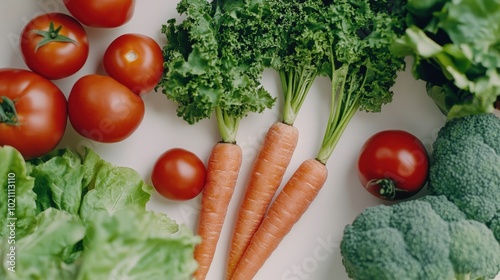 Fresh assortment of vegetables including tomatoes, carrots, kale, and broccoli on a light background.