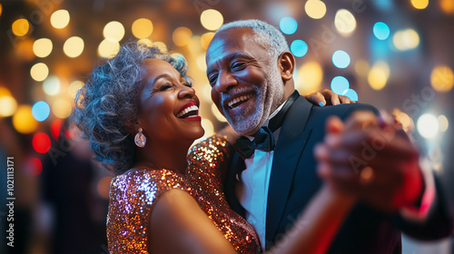 Mature Black Couple Dancing in Nightclub, New Year's Eve or Carnival Party, Funny Celebration with Love, Happy Aging.