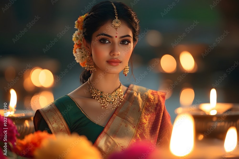 Elegant Indian Woman in Red Sari with Festive Jewelry and Candles Elegant Indian Woman in Red Sari with Festive Jewelry and Candles