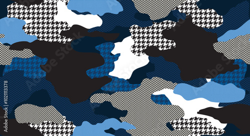 Seamless blue, grey, black and white camouflage pattern with a houndstooth print overlay. Army camo masking design. Military clothing style background.