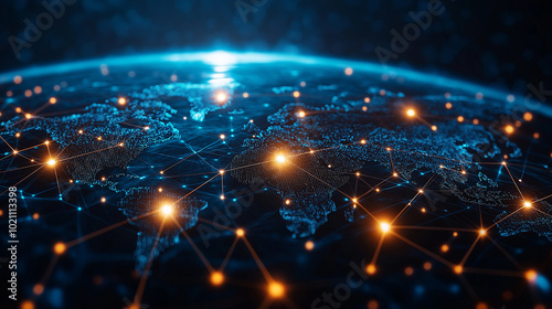 3D Rendering of Earth at Night Surrounded by Network Connections, Glowing Dots and Lines, Communication and Telecommunications Concept, 5G Mobile, Global Business