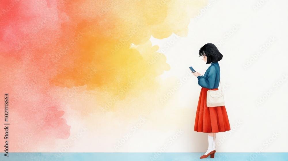 Woman with phone, colorful wall background