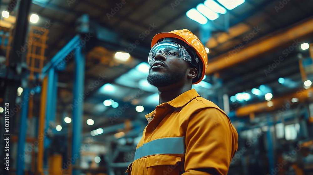 A factory engineer in uniform working in an industrial plant in production using technology. An automated assembly plant A factory engineer in uniform working in an industrial plant in production using technology. An automated assembly plant