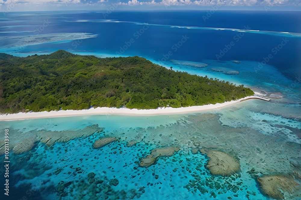 Obraz premium Aerial Drone View of Beautiful Beach with Clear Turquoise Lagoon Water, Lush Green Palm Trees, and Pristine White Sandy Beaches for Perfect Luxury Vacation Destination Travel and Adventure Experience