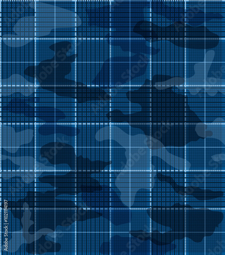 Blue camouflage seamless pattern with a textured plaid overlay. Army camo masking design. Military clothing style background.