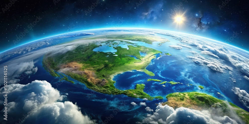 A celestial perspective of Earth showcasing the North American continent, enveloped in a blanket of clouds, with the radiant sun illuminating the horizon. A celestial perspective of Earth showcasing the North American continent, enveloped in a blanket of clouds, with the radiant sun illuminating the horizon.