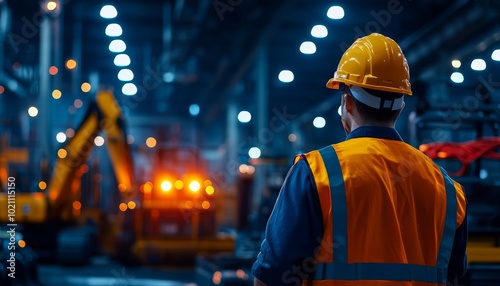 Industrial factory night shift, robots and machinery working seamlessly, minimal human oversight, nighttime automation