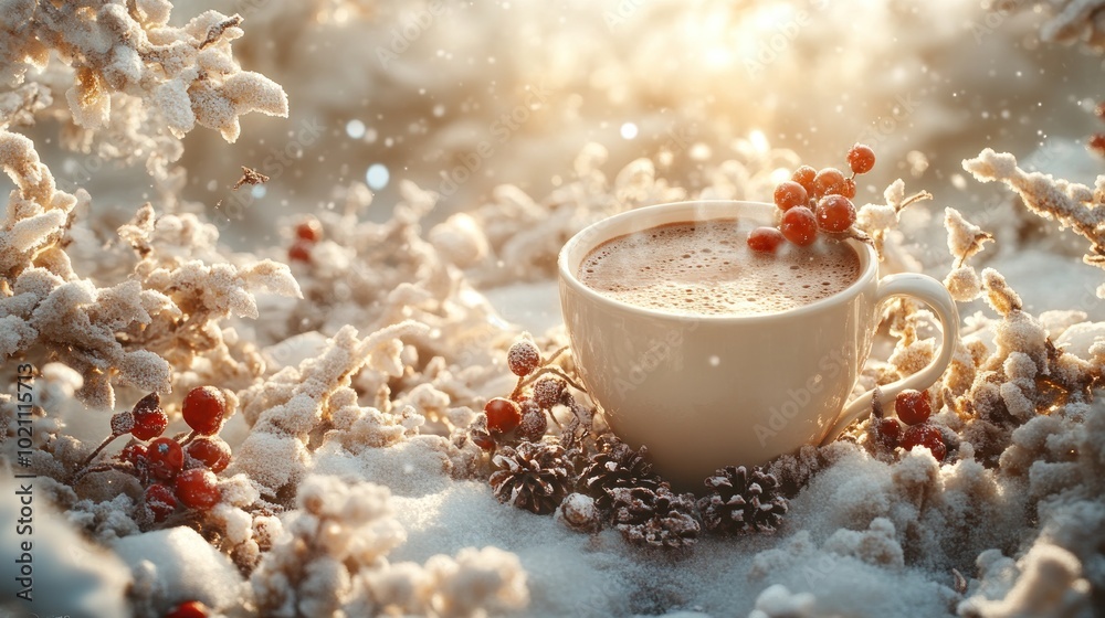 A cozy cup of hot beverage surrounded by winter scenery. A cozy cup of hot beverage surrounded by winter scenery.